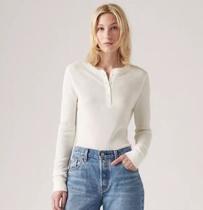Levi's Jakob Henley Top Womens XL White Long‎ Sleeve Slim Fit Waffle Knit Shirt